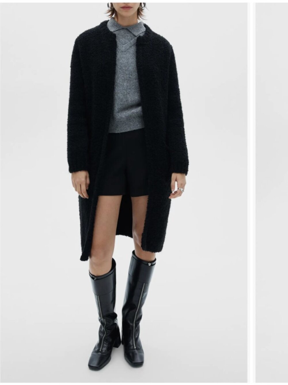 Mango Long Black Bouclé Open-Front Coat